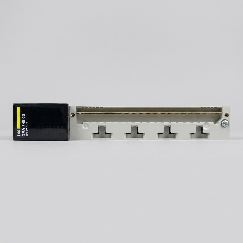 Front view of a Schneider Electric Modicon Quantum 140 DRA 840 00 Relay Output Module on a plain gray background, with the diagnostics cover on the left showing 16 labeled channels.