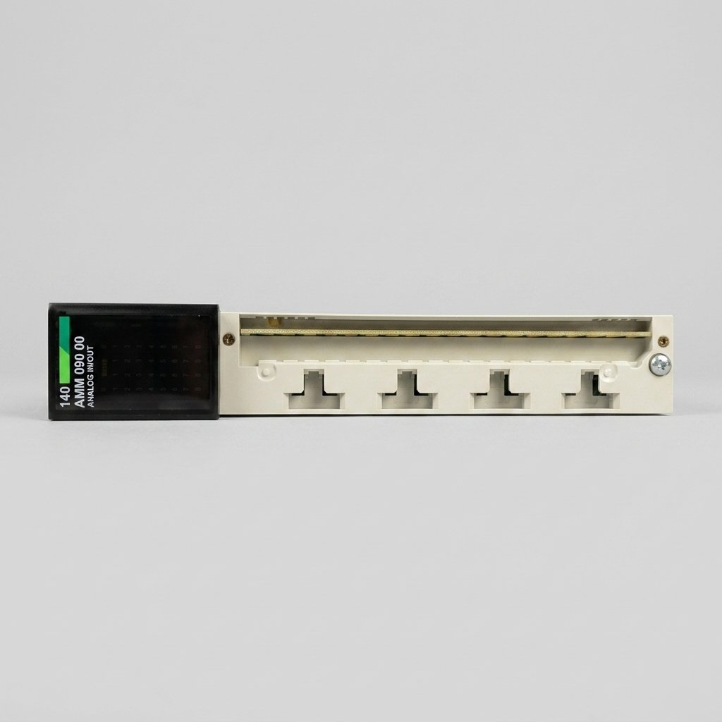 Front view of a Schneider Electric Modicon Quantum 140AMM09000 Analog In/Out module with its gold-plated PCB connector and diagnostic interface, centered on a uniform light gray background.