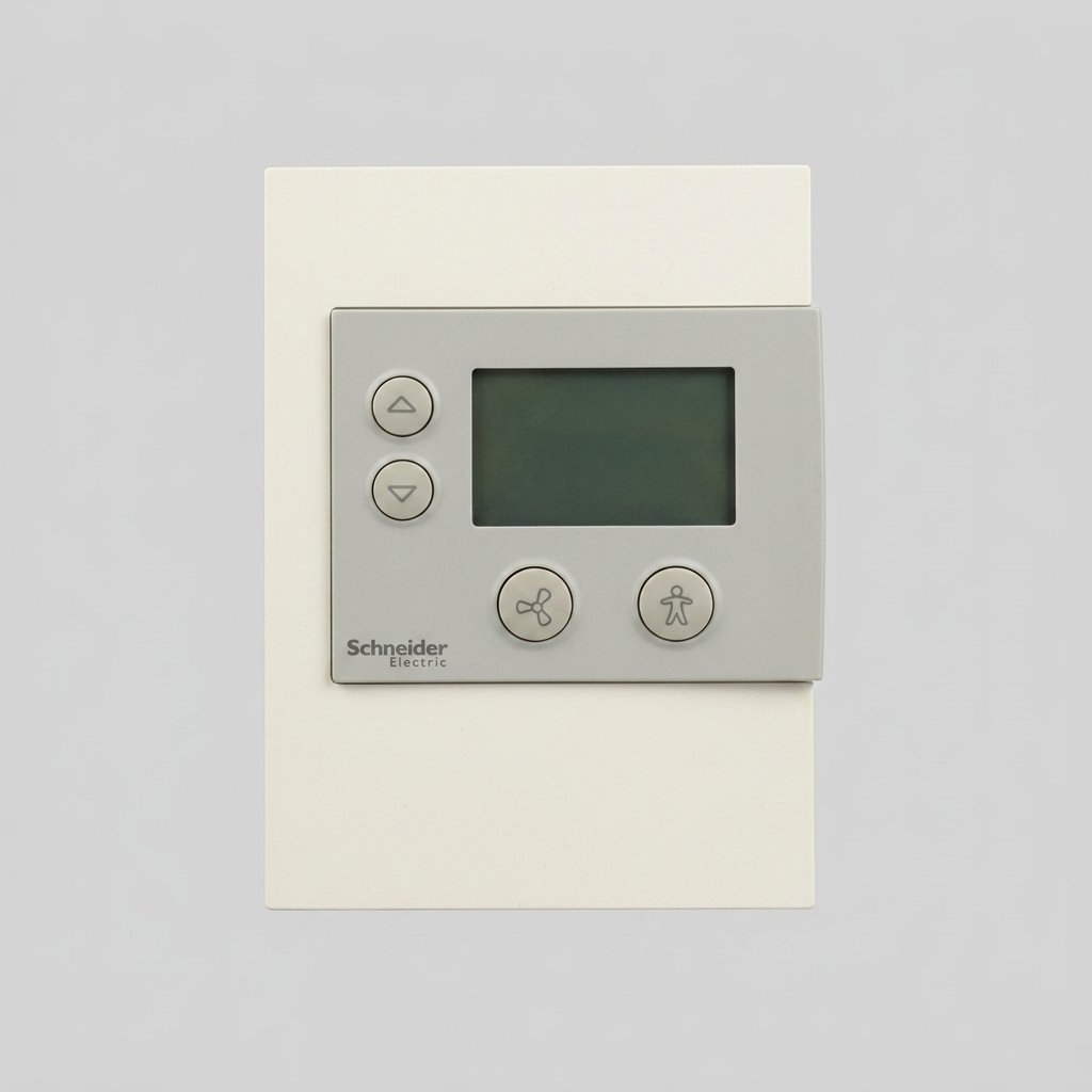 Front perspective view of a vertically oriented Schneider Electric digital room controller faceplate with a beige frame, gray button panel, digital LCD screen, and four buttons marked with Up, Down, Fan, and Person icons.