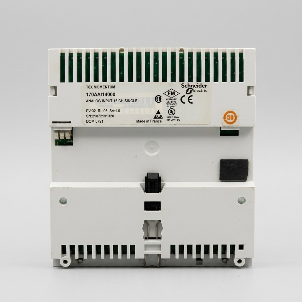 Rear view of the Schneider Electric T8X Momentum 170AAI14000 Analog Input 16 CH Single module showing industrial product labeling and certification icons.