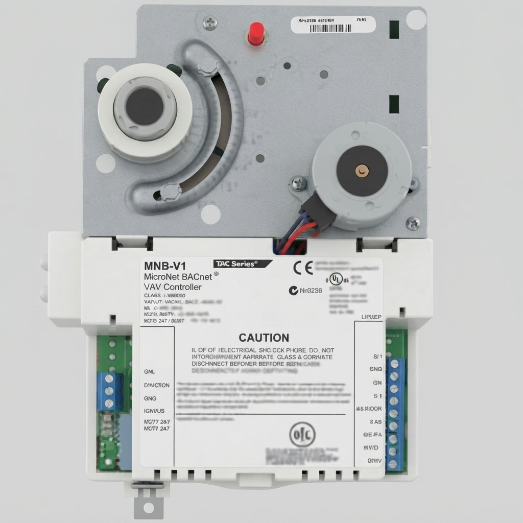 A top-down photograph of a Schneider Electric TAC MNB-V1 MicroNet BACnet VAV Controller against a plain white background. The unit features a metallic upper plate with an integrated actuator mechanism and motor. The lower white housing displays "MNB-V1 MicroNet BACnet VAV Controller" branding, regulatory marks (CE, UL), and a caution notice. Green terminal blocks with blue connectors are visible on the left and right sides. A red LED is located near the top.