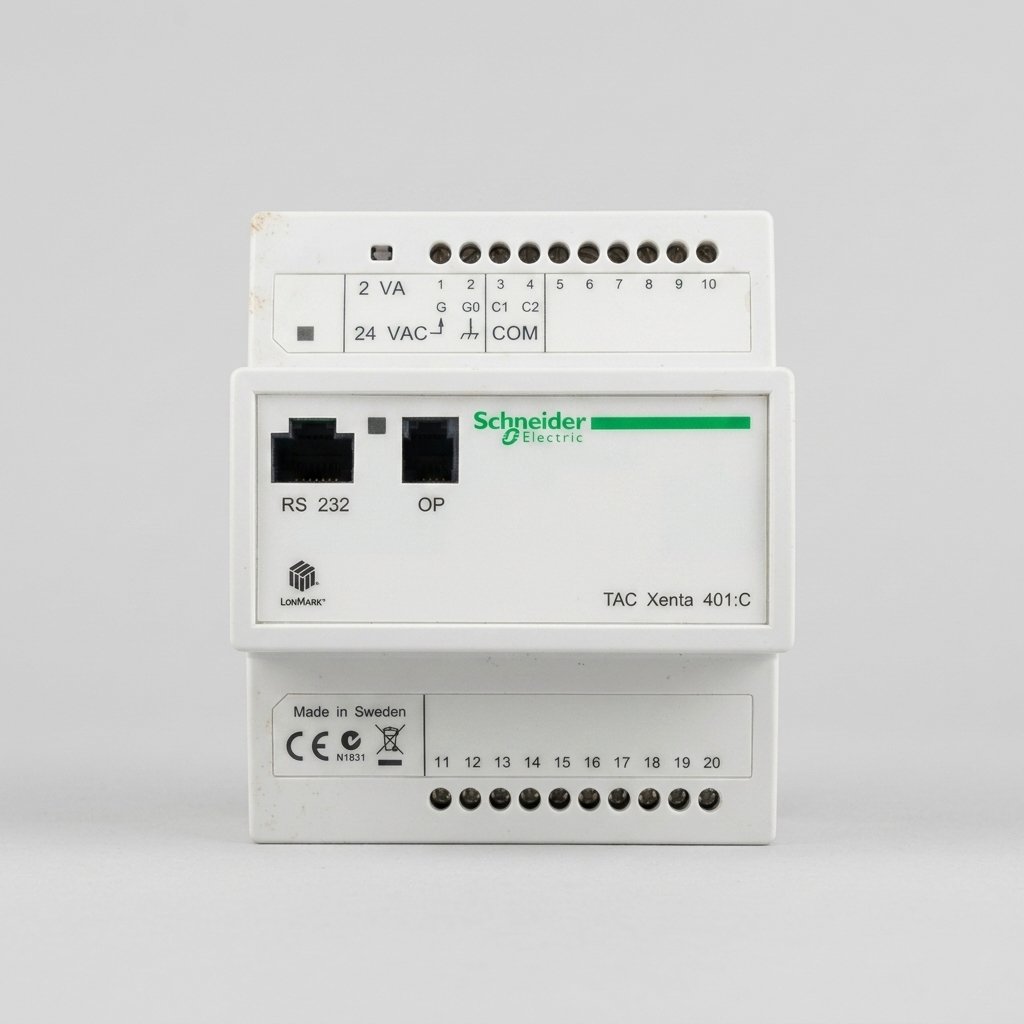 Front perspective view of a vertically oriented rectangular Schneider Electric TAC Xenta 401:C controller in a white plastic housing, showing its communication ports (RS 232, OP), terminal wiring diagrams, and certified LonMark and CE logos, isolated against a plain grey background.