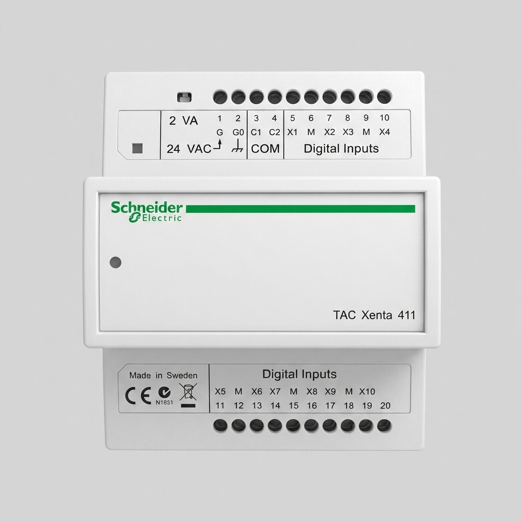 Front view of a Schneider Electric TAC Xenta 411 digital input module (V1.05) with clear wiring diagrams and terminals on a gray background, shown above its product plenum label (P/N 007302011, Made in Sweden).