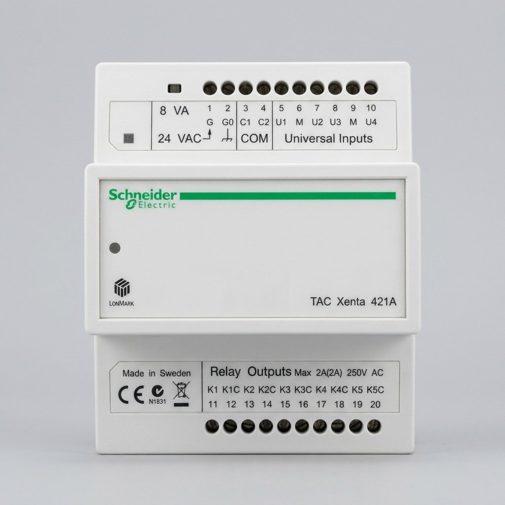 Front perspective view of a vertically oriented rectangular Schneider Electric TAC Xenta 421A universal input and relay output module in a white plastic housing, showing its twenty terminal points, labeling, wiring diagram, and certified LonMark and CE logos, isolated against a plain grey background.