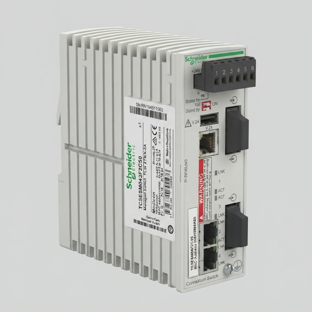 A front three-quarter view of a Schneider Electric ConneXium Managed Switch, model TCSESM043F2CS0, mounted on a DIN rail against a plain light background. The switch is light gray and features a 6-pin terminal block at the top, configuration DIP switches, a USB port, a V.24 port, two RJ45 ports, and two fiber ports, all with associated LED indicators. A large white label displays the full model number, serial number, and other technical details.