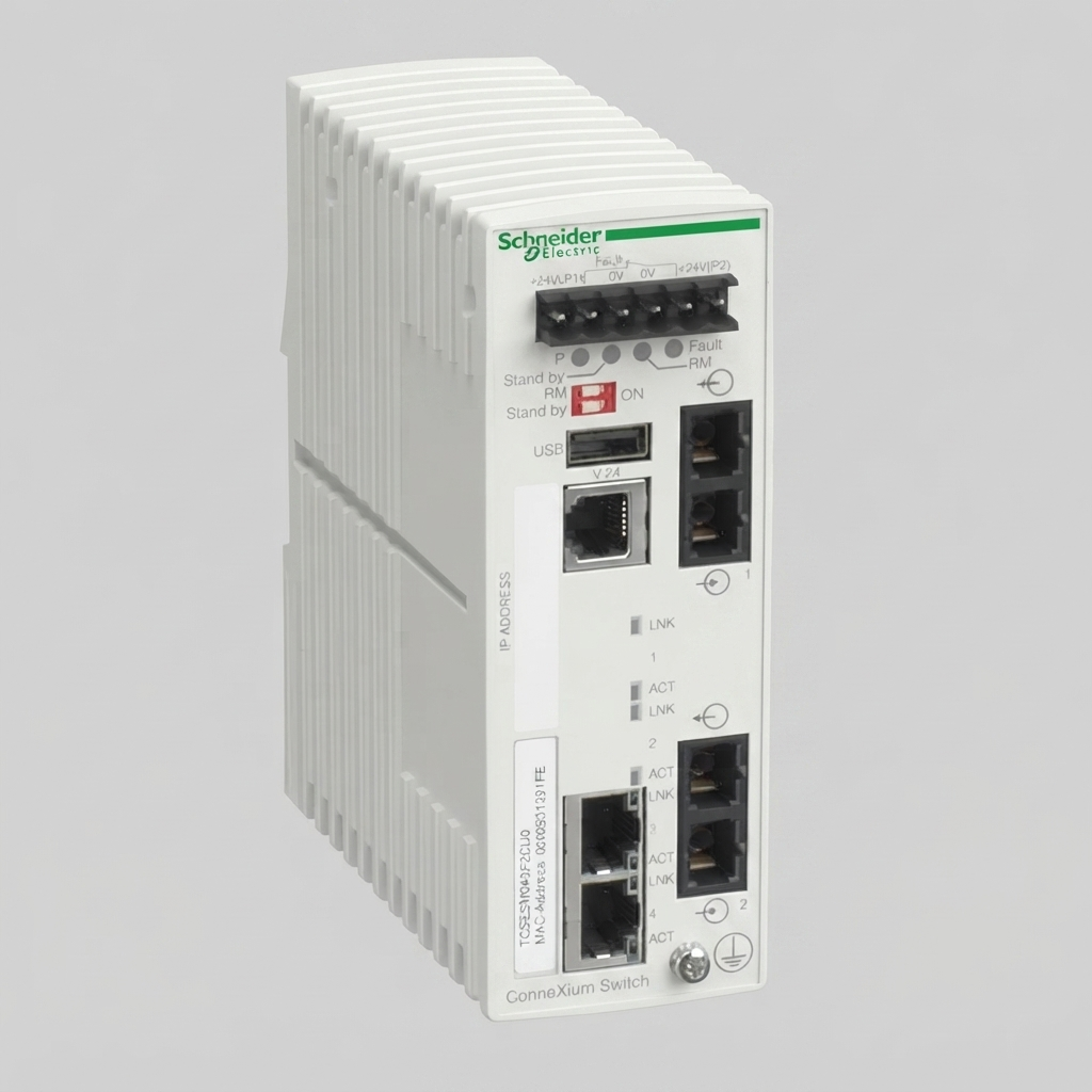 A front three-quarter view of a light-gray Schneider Electric ConneXium managed Ethernet switch, model TCSESM043F2CU0, mounted against a plain light gray background. The front panel shows the brand logo, model number, a 6-pin power terminal block, configuration DIP switches, a USB port, a V.24 RJ45 serial port, two RJ45 Ethernet ports, and two SC fiber optic ports, all with associated LED status indicators.