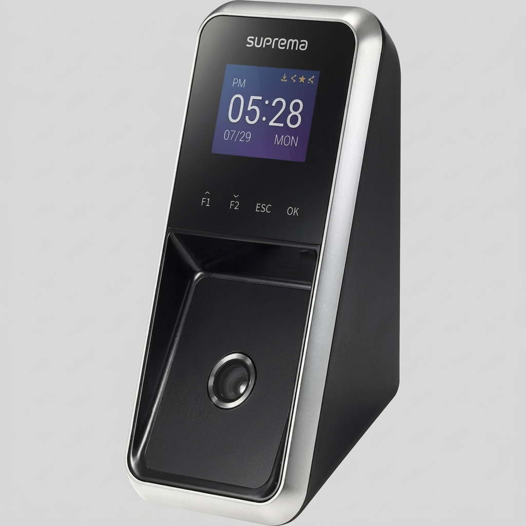 Front-facing top-down view of a Suprema biometric face recognition and time attendance terminal, showing its touch screen displaying 05:28, the date 07/29 MON, status icons, a dedicated face recognition camera well with an embedded lens, and a capacitive keypad with F1, F2, ESC, OK buttons, isolated against a uniform light gray background.