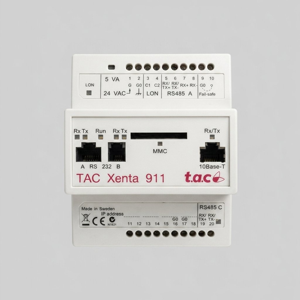 A top-down studio photograph of a white rectangular industrial automation controller labeled "TAC Xenta 911." The image shows front ports for 10Base-T, MMC, RS 232 B, and RS 485 A, flanked by detailed twenty screw terminal points with visible labels like 24 VAC, LON, Fail-safe, and Made in Sweden.