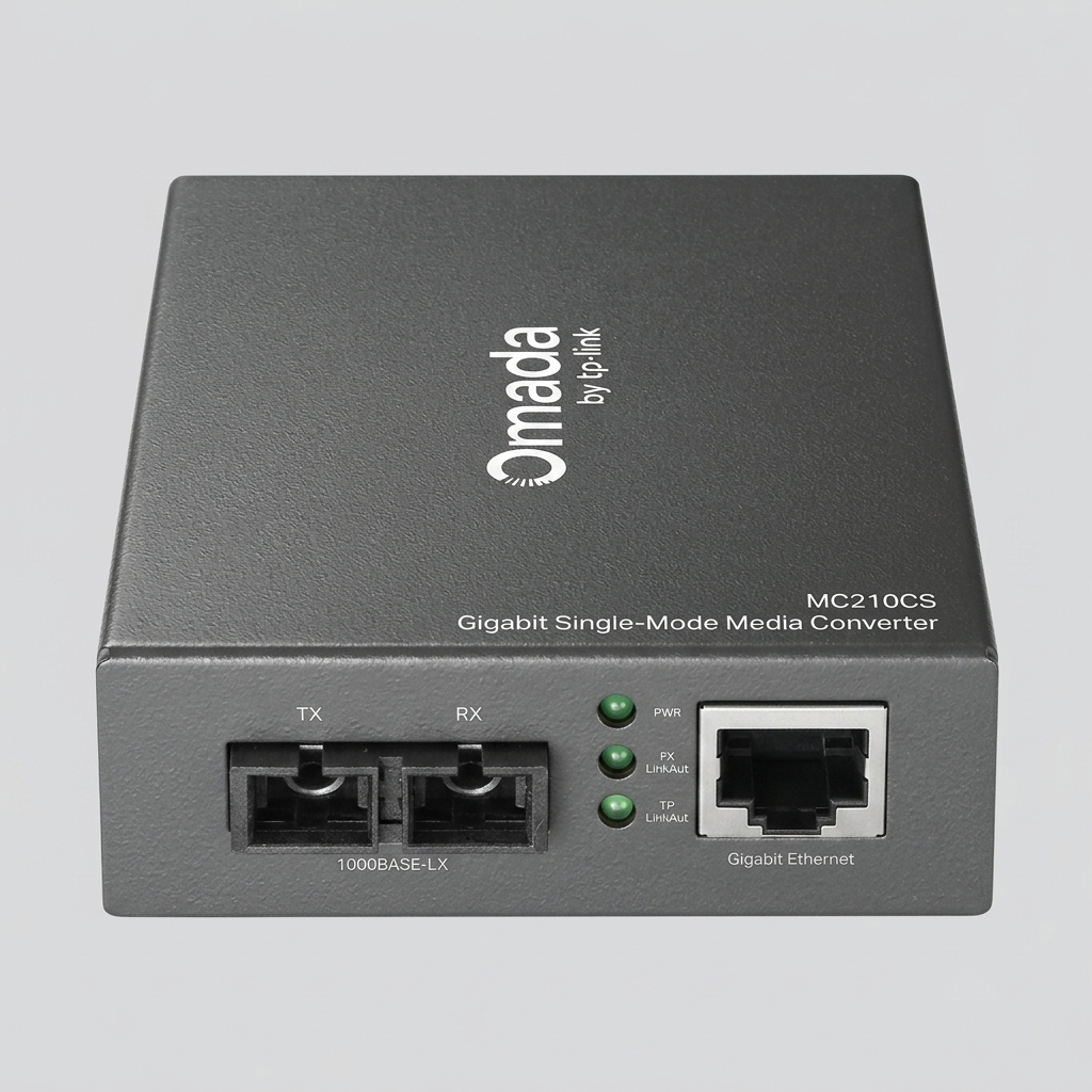 Front-facing view of a gray, textured metal TP-Link Omada MC210CS Gigabit Single-Mode Media Converter module, isolated against a uniform light gray background. It clearly displays its duplex SC fiber connectors labeled TX/RX and 1000BASE-LX, three status LEDs, and an RJ45 Gigabit Ethernet port with the brand and model details visible on the front panel.