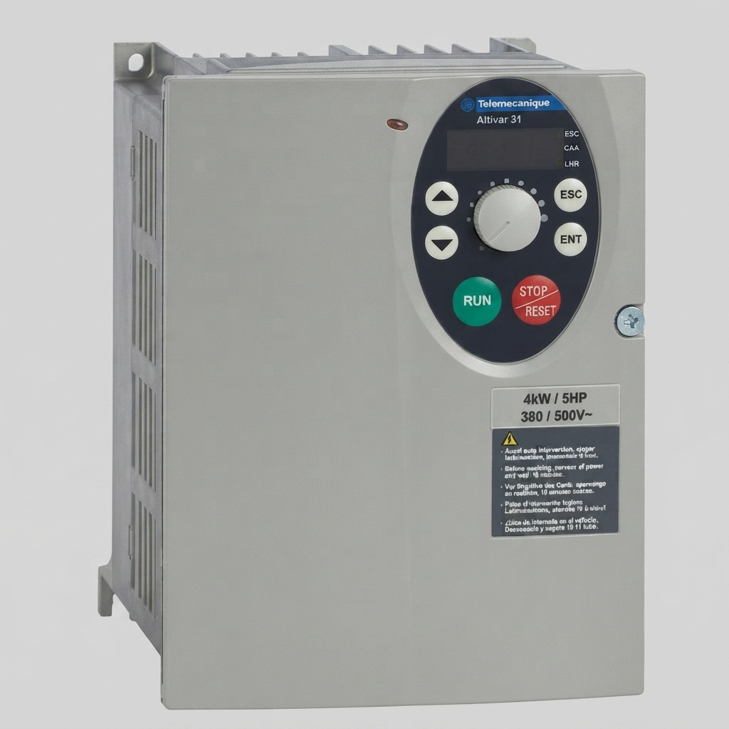 A three-quarter front view of a Telemecanique Altivar 31 AC speed drive, model ATV31H037N4, against a neutral gray background. The drive is a compact, light-gray metallic unit with integrated cooling fins on top. The front panel features an oval control interface with a digital display, a central rotary dial, green "RUN" and red "STOP/RESET" buttons, navigation arrows, and status LEDs (ESC, CAA, LHR). A specifications sticker is visible below the control panel, clearly stating "4kW / 5HP" and "380 / 500V~" along with multi-language safety warnings. Mounting flanges are visible at the top and bottom of the chassis.