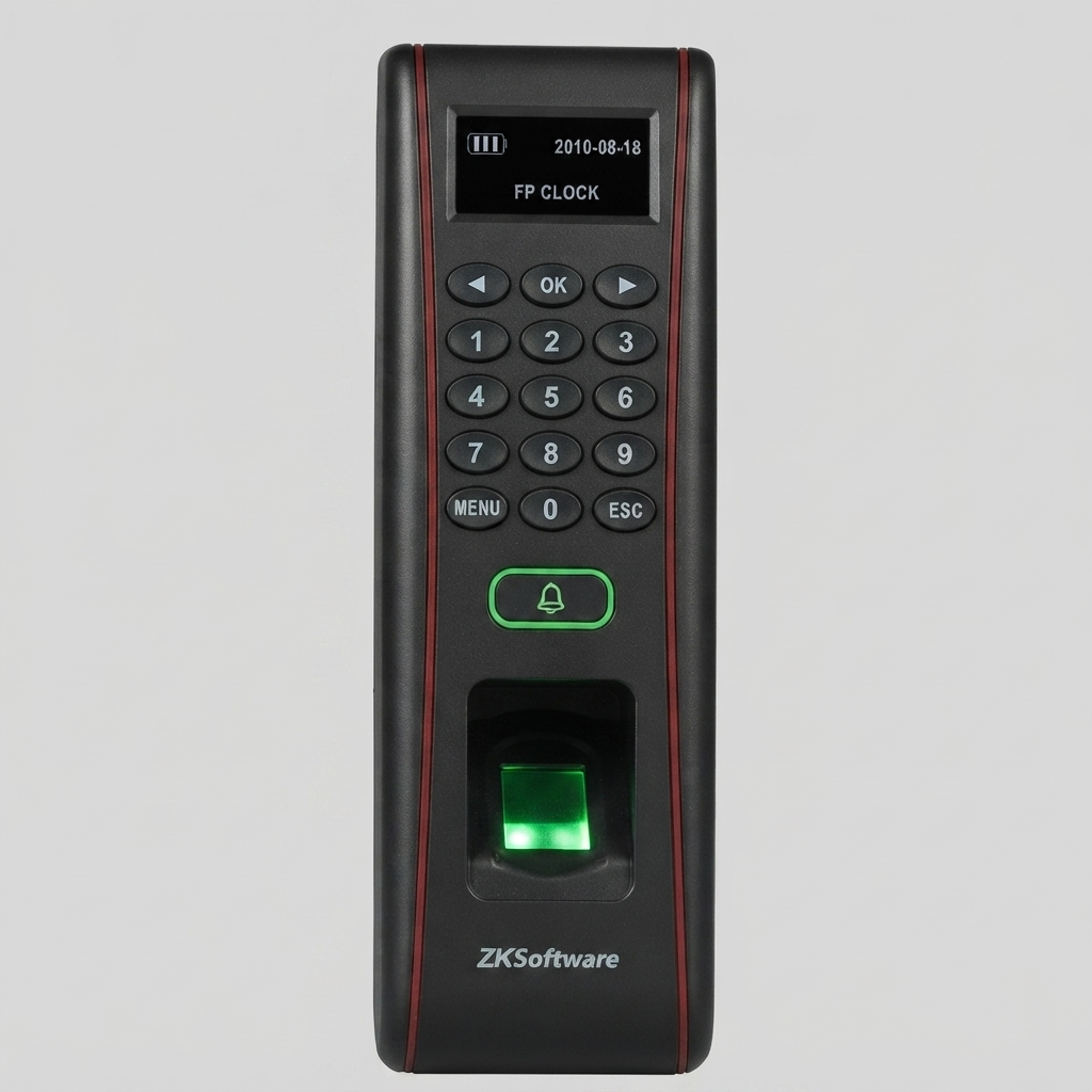 Front view of a ZKSoftware biometric fingerprint and keypad access control terminal, featuring a black body with red trim, a monochrome LCD screen showing "2010-08-18 FP CLOCK", a full numeric keypad, a green backlit fingerprint sensor, and the "ZKSoftware" logo at the bottom, isolated against a plain light gray background.