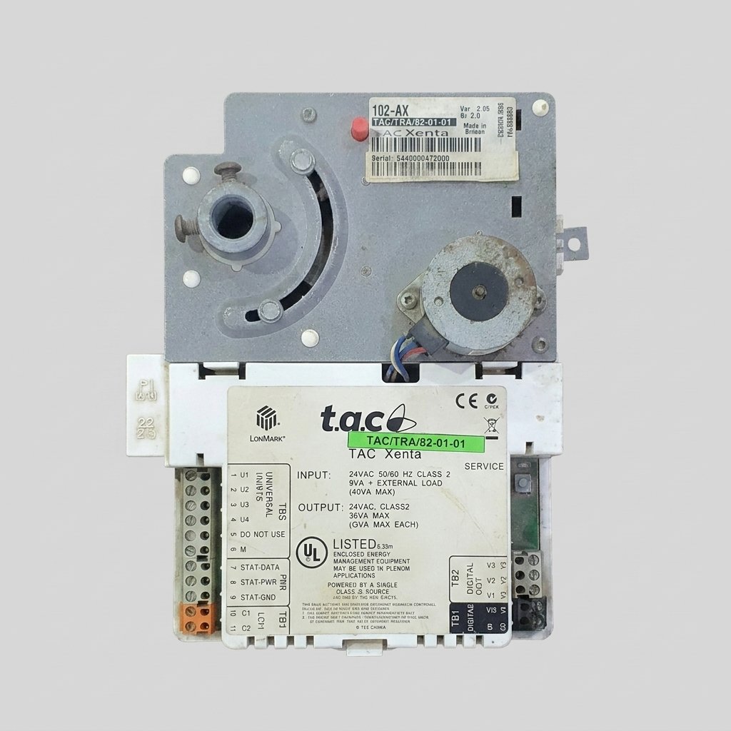 Front perspective view of a grey and white t.a.c. Xenta 102-AX VAV zone controller (Part TAC/TRA/82-01-01), showing the stepper motor, mechanical linkage arm, screw terminal strips with Universal Inputs U1-U4, Digital Outputs V1-V3, power requirements (24VAC), and the official LonMark Certification and UL labels.